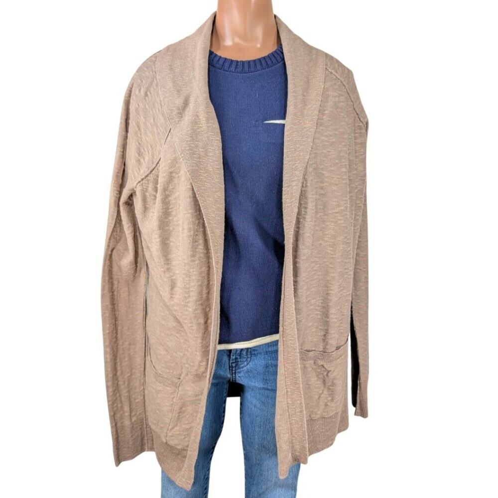 Brochu Walker Medium Beige Cotton Linen Long Sleeve Open Front Belted Cardigan